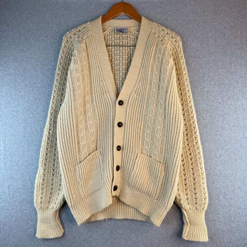Antartex Cream Knit Button Up Long Sleeve Cardigan 100% Wool Vintage Fisherman L